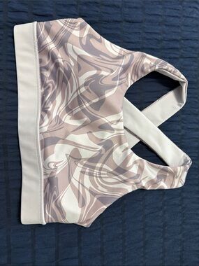 Asics Marble-Print Crossback Sports Bra in Lavender
